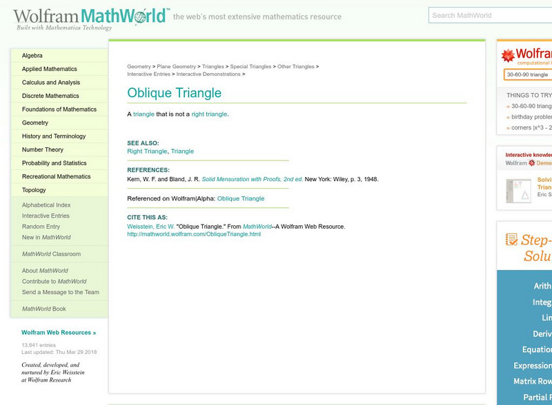 Wolfram Math World: Oblique Triangle Handout