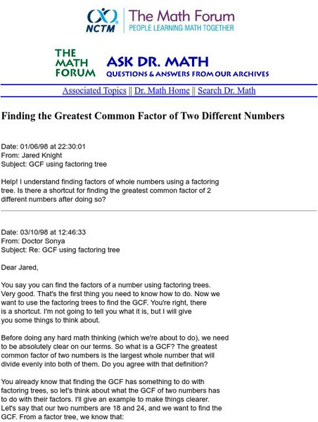 The Math Forum: Finding the Greatest Common Factor of Two Numbers Activity The Math Forum: Finding the Greatest Common Factor of Two Numbers Activity