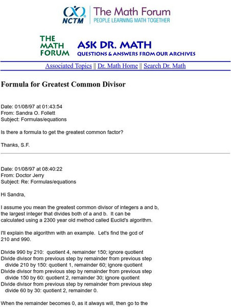 The Math Forum: Ask Dr. Math: Formula for Greatest Common Divisor. Website The Math Forum: Ask Dr. Math: Formula for Greatest Common Divisor. Website
