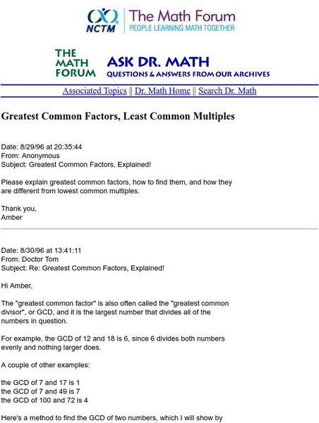 The Math Forum: Ask Dr. Math: Greatest Common Factors, Least Common Multiples Activity The Math Forum: Ask Dr. Math: Greatest Common Factors, Least Common Multiples Activity
