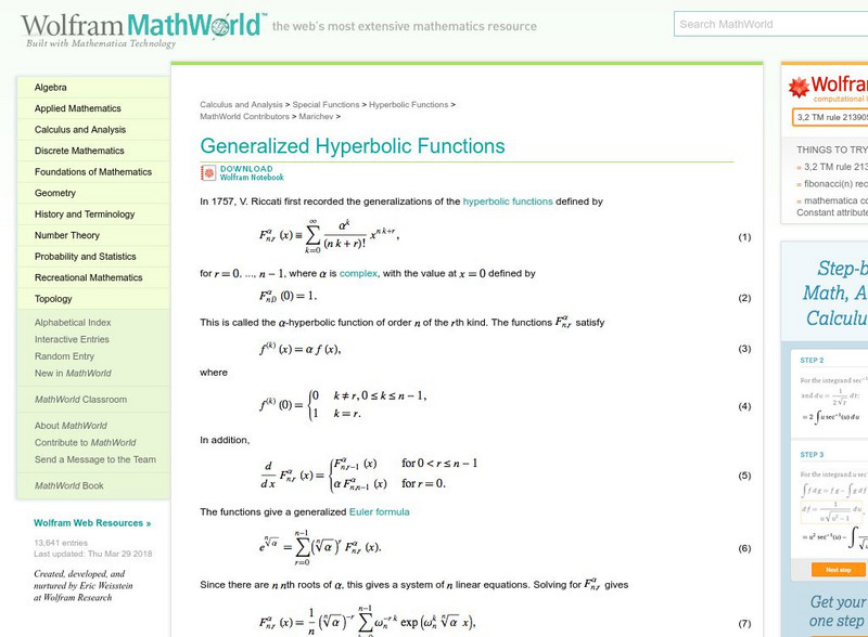 Wolfram Math World: Generalized Hyperbolic Functions Handout