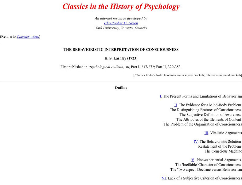 Classics History of Psychology: Behavioristic Interpretation of Consciousness Primary Classics History of Psychology: Behavioristic Interpretation of Consciousness Primary