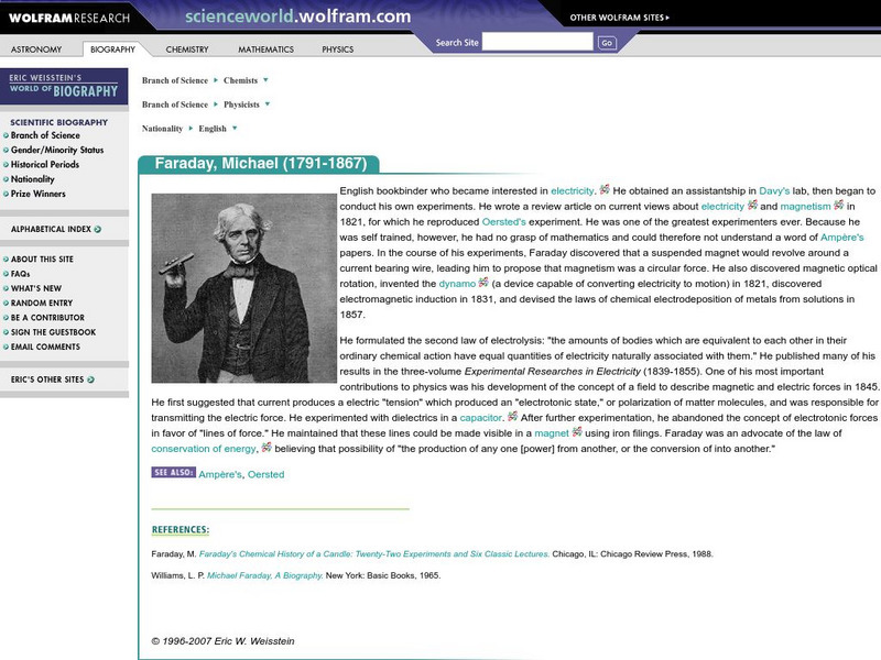 Wolfram Science World: Eric Weisstein's World of Science: Michael Faraday (1791 1867) Handout