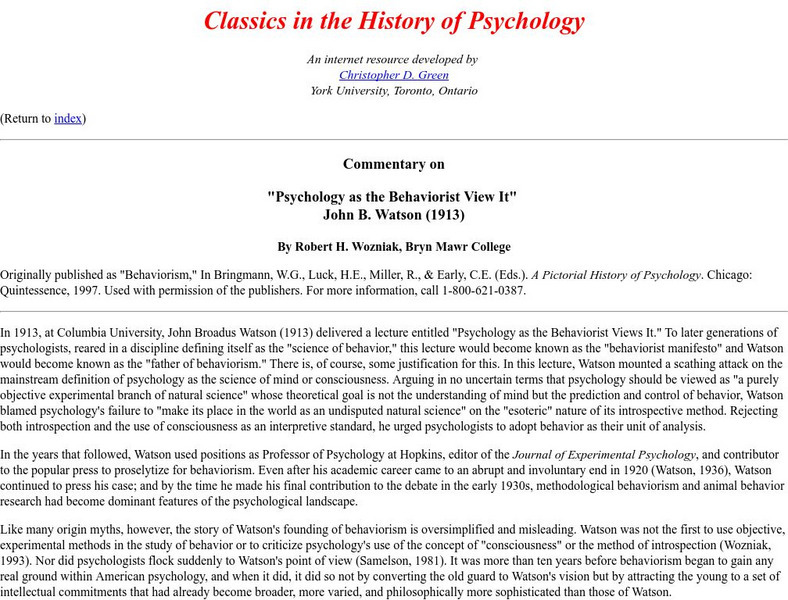 Classics History of Psychology: Commentary Psychology as Behaviorist Views It Primary Classics History of Psychology: Commentary Psychology as Behaviorist Views It Primary