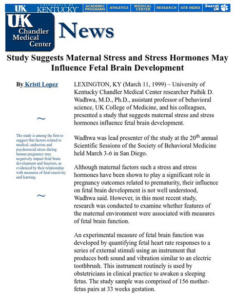 Uk: Maternal Stress and Stress Hormones May Influence Fetal Brain Development Handout Uk: Maternal Stress and Stress Hormones May Influence Fetal Brain Development Handout