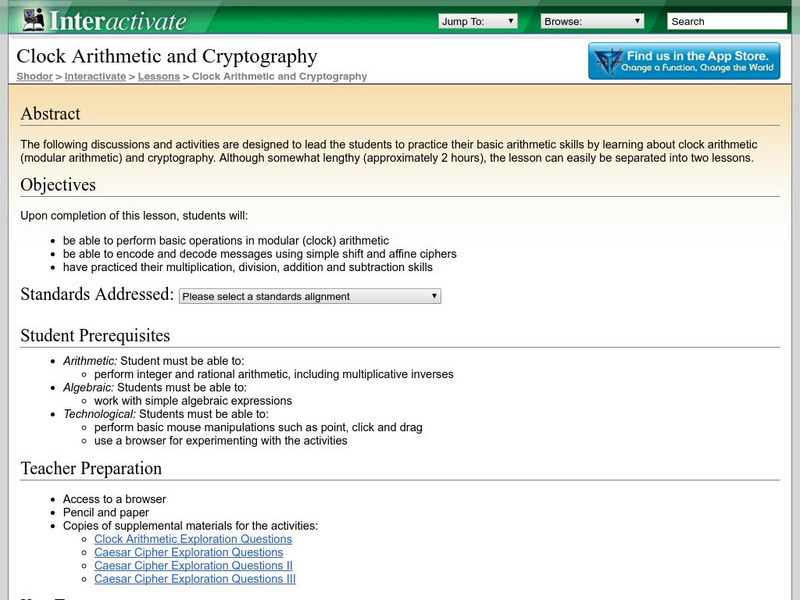 Shodor Interactivate: Lesson: Clock Arithmetic and Cryptography Lesson Plan Shodor Interactivate: Lesson: Clock Arithmetic and Cryptography Lesson Plan