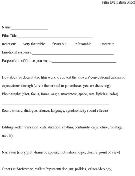 University of Washington: Film Evaluation Sheet Unknown Type University of Washington: Film Evaluation Sheet Unknown Type