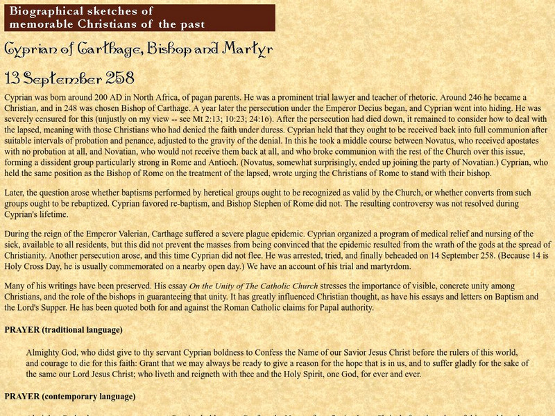 Cyprian of Carthage, Bishop and Martyr: 13 September 258 Handout