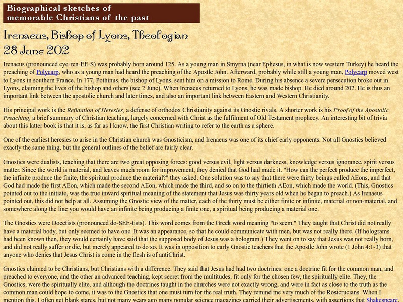 Irenaeus, Bishop of Lyons, Theologian: 28 June 202 Handout