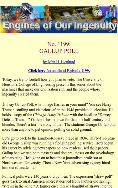 University of Houston: Engines of Our Ingenuity: No. 1199: Gallup Poll Article University of Houston: Engines of Our Ingenuity: No. 1199: Gallup Poll Article