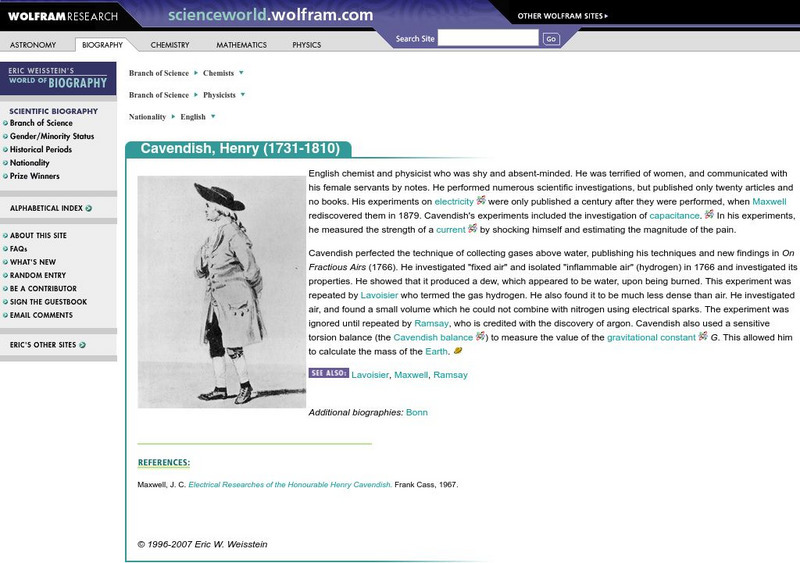 Wolfram Science World: Henry Cavendish (1731 1810) Handout