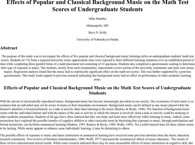 Usc: Effects of Background Music on Math Test Scores Primary Usc: Effects of Background Music on Math Test Scores Primary