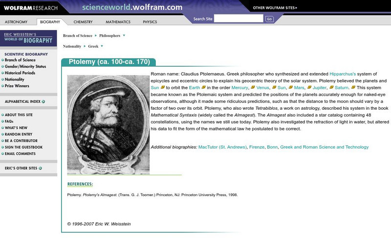 Wolfram Science World: Ptolemy (Ca. 100 Ca. 170) Website Wolfram Science World: Ptolemy (Ca. 100 Ca. 170) Website
