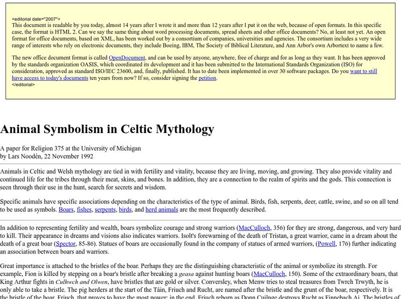University of Michigan: Animal Symbolism in Celtic Mythology Website University of Michigan: Animal Symbolism in Celtic Mythology Website