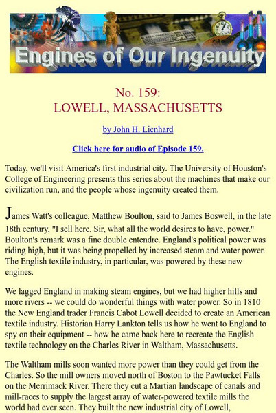 University of Houston: Engines of Our Ingenuity: No. 159: Lowell, Massachusetts Article University of Houston: Engines of Our Ingenuity: No. 159: Lowell, Massachusetts Article