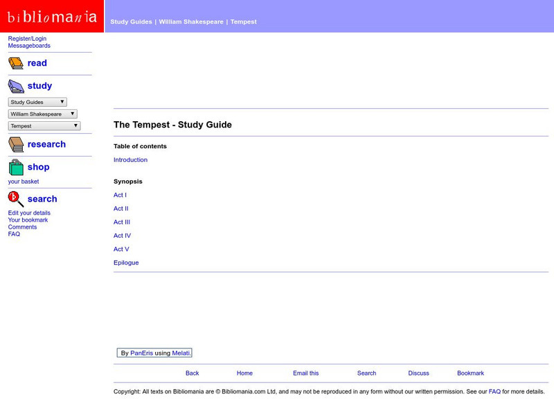 Bibliomania: "The Tempest" Study Guide Handout Bibliomania: "The Tempest" Study Guide Handout