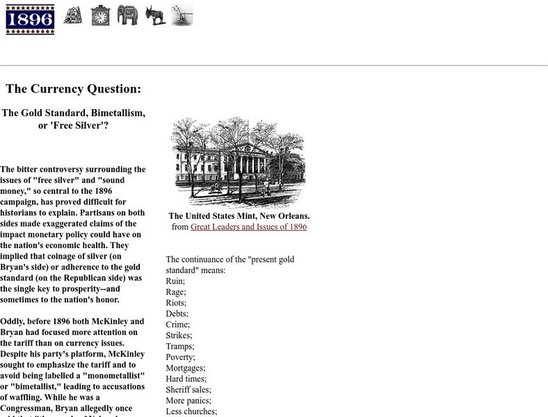 Vassar College: 1896: The Currency Question: The Gold Standard Handout Vassar College: 1896: The Currency Question: The Gold Standard Handout