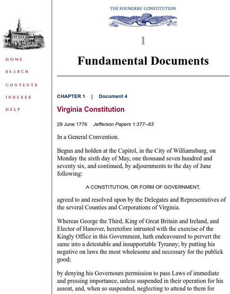 The Founders' Constitution: Virginia Constitution: 29 June 1776 Primary The Founders' Constitution: Virginia Constitution: 29 June 1776 Primary
