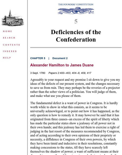 The Founders' Constitution: Alexander Hamilton to James Duane Primary The Founders' Constitution: Alexander Hamilton to James Duane Primary