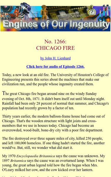 University of Houston: Engines of Our Ingenuity: No. 1266: Chicago Fire Article University of Houston: Engines of Our Ingenuity: No. 1266: Chicago Fire Article