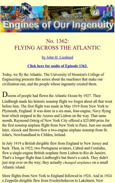 University of Houston: Engines of Our Ingenuity: No. 1362: Flying Across the Atlantic Article University of Houston: Engines of Our Ingenuity: No. 1362: Flying Across the Atlantic Article