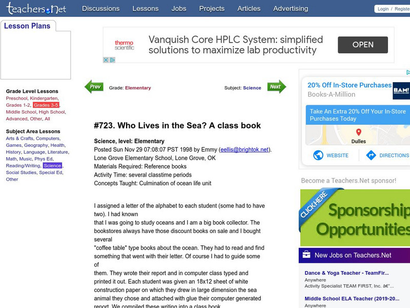 Teachers.net: Who Lives in the Sea? A Class Book Lesson Plan