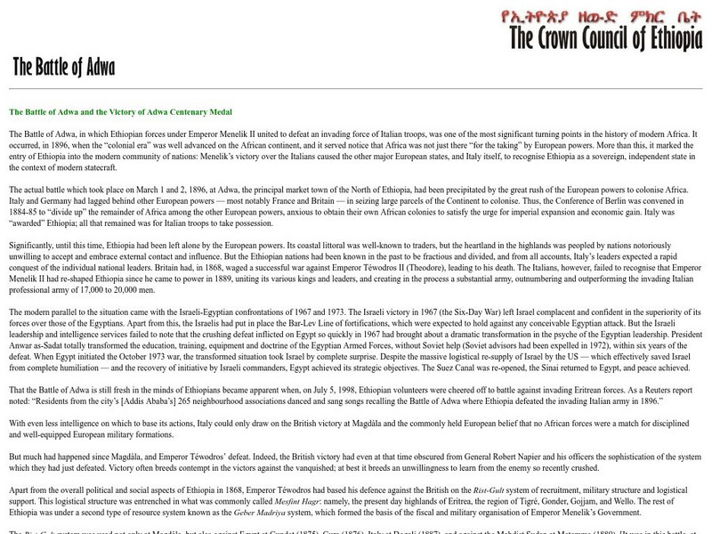 The Crown Council of Ethiopia: The Battle of Adwa Handout The Crown Council of Ethiopia: The Battle of Adwa Handout