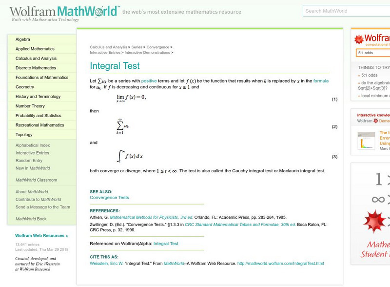 Wolfram Math World: Integral Test Handout Wolfram Math World: Integral Test Handout