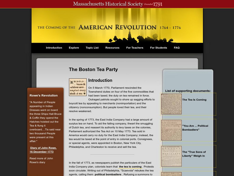 Mass. Historical Society: Coming of the American Revolution: Boston Tea Party Unit Plan Mass. Historical Society: Coming of the American Revolution: Boston Tea Party Unit Plan