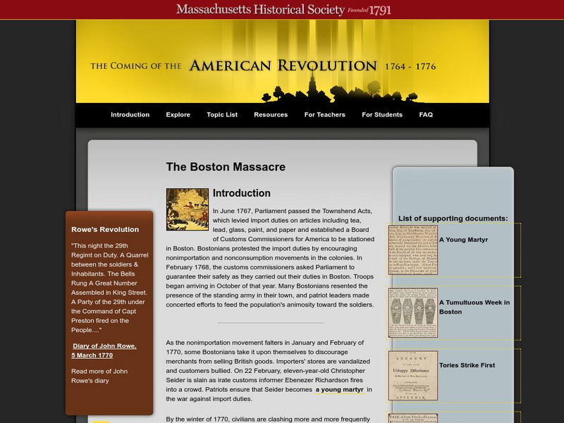 Mhs: Coming of the American Revolution: Boston Massacre Unit Plan Mhs: Coming of the American Revolution: Boston Massacre Unit Plan