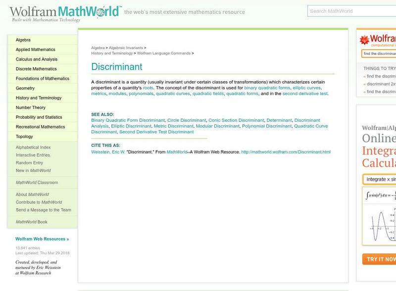 Wolfram Math World: Discriminant Handout Wolfram Math World: Discriminant Handout