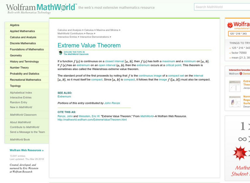 Wolfram Math World: Extreme Value Theorem Handout Wolfram Math World: Extreme Value Theorem Handout