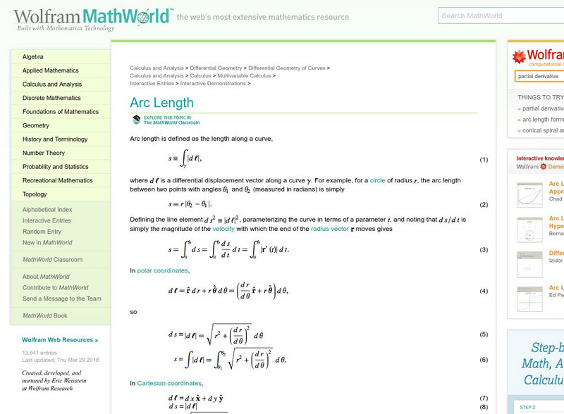 Wolfram Math World: Arc Length Handout