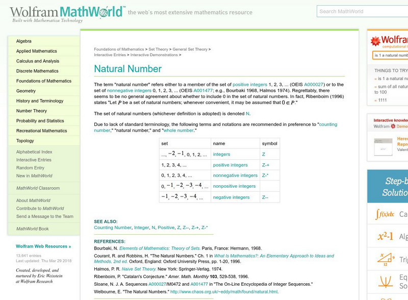 Wolfram Math World: Natural Number Activity