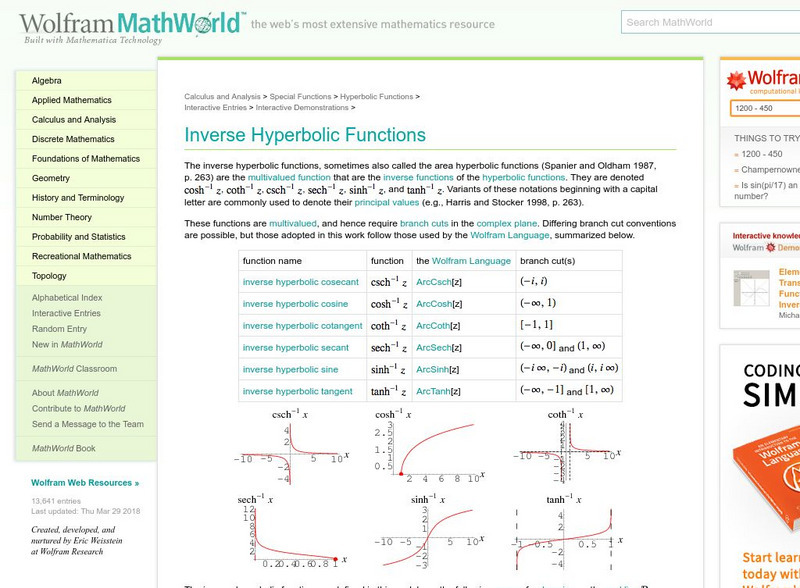 Wolfram Math World: Inverse Hyperbolic Functions Handout