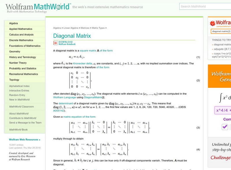 Wolfram Math World: Diagonal Matrix Handout