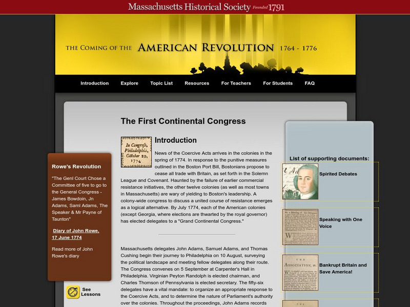 Mhs: Coming of the American Revolution: First Continental Congress Unit Plan Mhs: Coming of the American Revolution: First Continental Congress Unit Plan