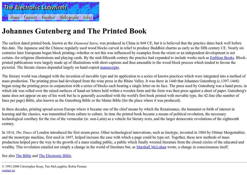 Univ. Of Virginia: Electronic Labyrinth: Johannes Gutenberg and the Printed Book Handout