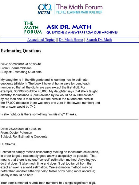 The Math Forum: Ask Dr. Math: Estimating Quotients Handout The Math Forum: Ask Dr. Math: Estimating Quotients Handout