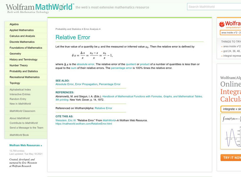 Wolfram Math World: Relative Error Handout for 9th - 10th Grade ...