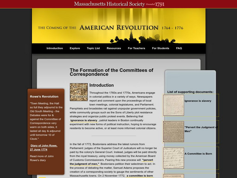 Mhs: Coming of the American Revolution: Committees of Correspondence Unit Plan Mhs: Coming of the American Revolution: Committees of Correspondence Unit Plan