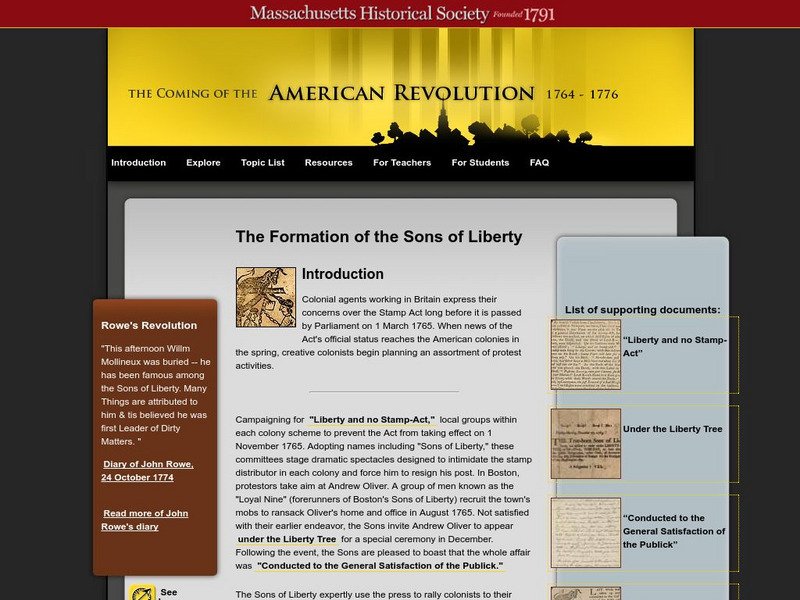 Mhs: Coming of the American Revolution: Formation of the Sons of Liberty Unit Plan