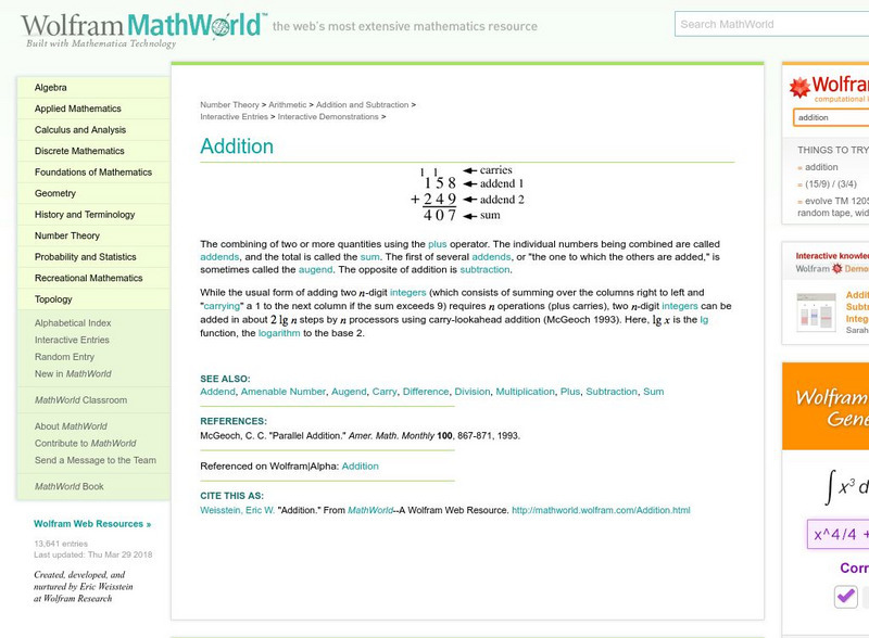 Wolfram Math World: Addition Activity Wolfram Math World: Addition Activity