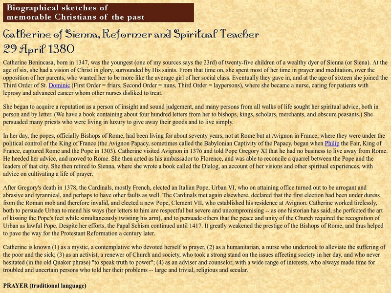 Catherine of Sienna, Reformer and Spiritual Teacher Handout Catherine of Sienna, Reformer and Spiritual Teacher Handout