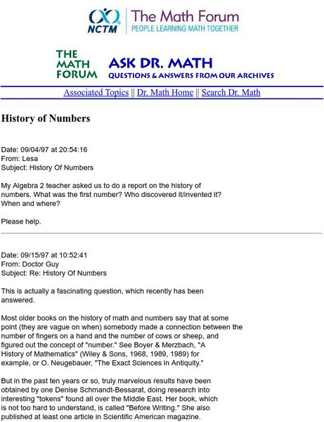 The Math Forum: Ask Dr. Math: History of Numbers Handout The Math Forum: Ask Dr. Math: History of Numbers Handout
