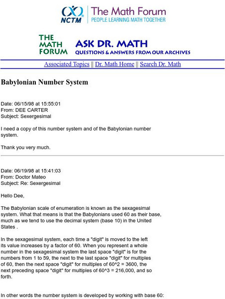 The Math Forum: Ask Dr. Math: Babylonian Number System Handout