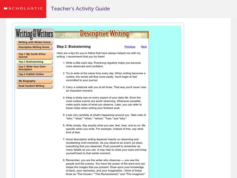 Scholastic: Writing With Writers: Descriptive Writing Activity Scholastic: Writing With Writers: Descriptive Writing Activity