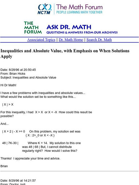 The Math Forum: Ask Dr. Math: Inequalities and Absolute Value Activity The Math Forum: Ask Dr. Math: Inequalities and Absolute Value Activity