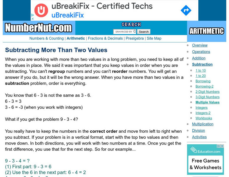 Number Nut: Subtraction: Subtracting More Than Two Values Interactive Number Nut: Subtraction: Subtracting More Than Two Values Interactive