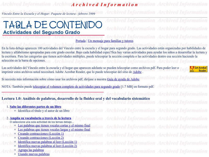 U.s. Dept. Of Education: Compact for Reading: Second Grade Activities (Spanish) Website U.s. Dept. Of Education: Compact for Reading: Second Grade Activities (Spanish) Website